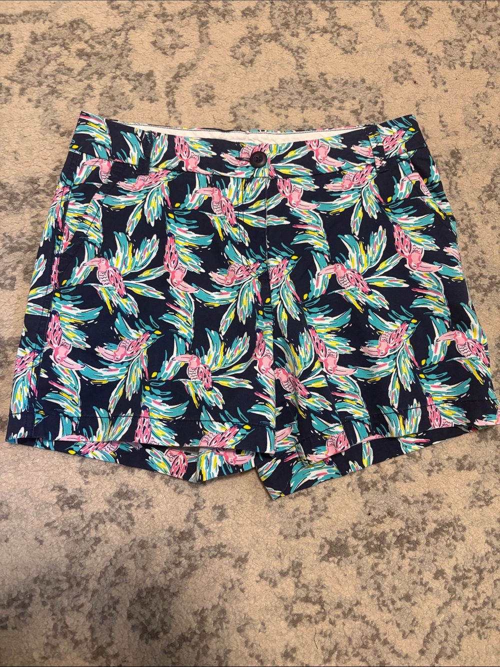 crown & ivy Navy Floral-Leaf Bird Print Women's Shorts - Pink & Teal Accents